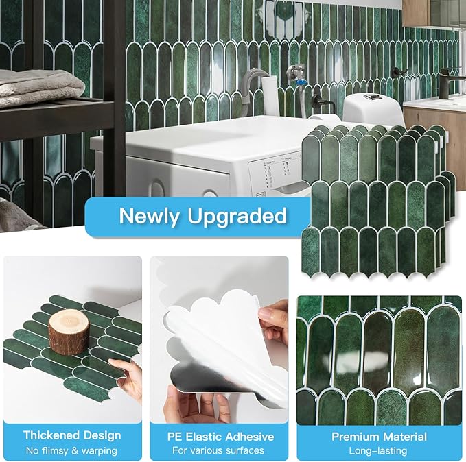 Art3d 12 x 12 Inch Heavy-Duty Peel and Stick Backsplash, Self-adhesive Wall Tiles for Kitchen Bathroom Decor, 10-Pack Dark Green
