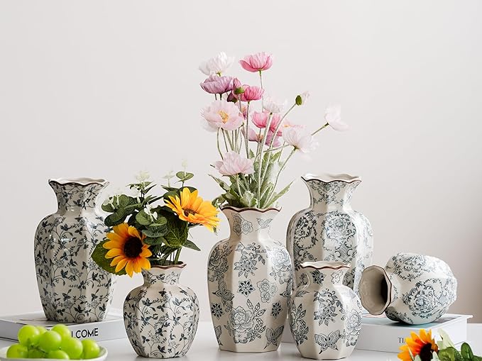 Blue and White Vase, Vintage Blue Ceramic Flower Vessel,Ceramic vases for Home Decor,Vintage Green and Beige for Console Table Mantle Chinoiserie Decor (Retro-02, Large)