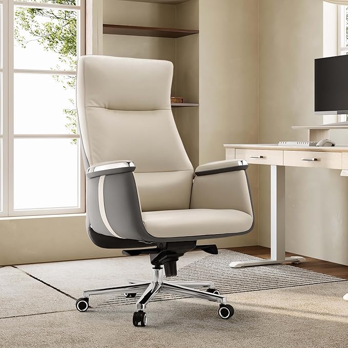 EUREKA ERGONOMIC Royal II Executive Office Chair High Back, Big and Tall with Extra Wide Seat, Silicone Leather Desk Chair Computer Chair, Modern Office Chair Home Desk Chairs - Beige Gray