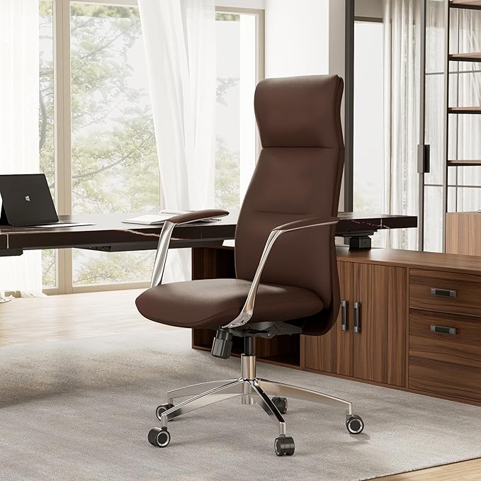 EUREKA ERGONOMIC Royal Slim Executive High Back Brown Leather Office Chair, Home Desk Chair for Adults, Big and Tall with Wheels, Swivel Rolling