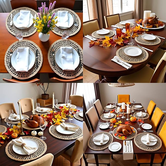 15" Set of 4 Round Flower Seagrass Placemats | Boho Woven Rattan Table Mats | Farmhouse Wicker Spring Plate Chargers Like Water Hyacinth, Corn Husk for Wedding, Party, Christmas, Events