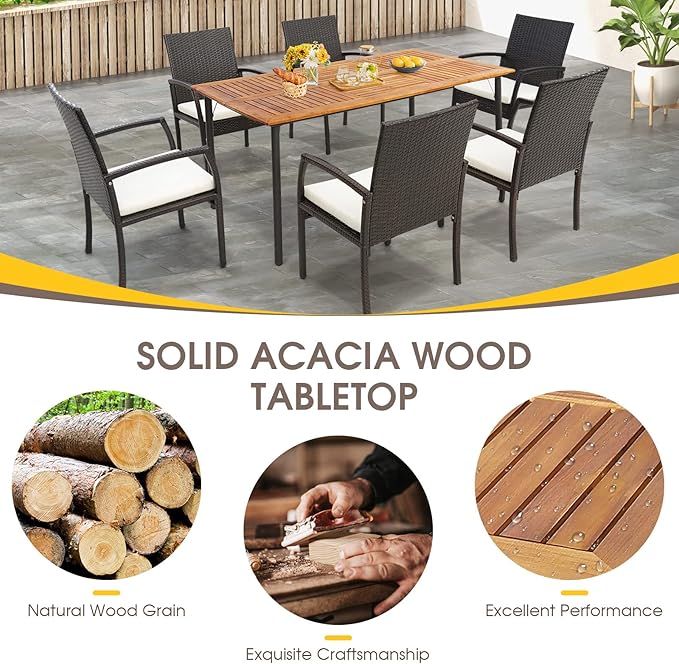 Tangkula Patio Acacia Wood Dining Table for 6 Persons, Large Rectangular Dining Table with Metal Legs, Umbrella Hole, Farmhouse Indoor Outdoor Dining Furniture for Yard Deck Lawn, 63”L x 36”W x 30”H