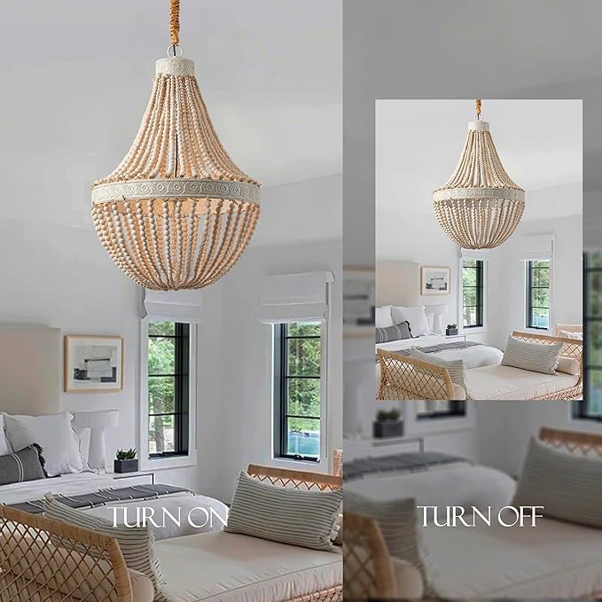 Boho Wood Beads Chandelier Vintage Rustic Farmhouse Chandeliers 3-Lights Wooden Island Pendant Lighting Fixture Retro Ceiling Lights for Dining Room Kitchen Bedroom Foyer D21.65