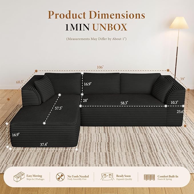 Vesgantti 106" Boneless Couch with Chaise, Deep Seat Comfy Cloud Modular Sofa Corduroy Sectional Couches for Living Room Bedroom, No Assembly Required (Black, Left-Facing Chaise)
