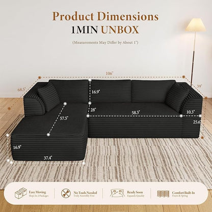 Vesgantti 106" Boneless Couch with Chaise, Deep Seat Comfy Cloud Modular Sofa Corduroy Sectional Couches for Living Room Bedroom, No Assembly Required (Black, Left-Facing Chaise)
