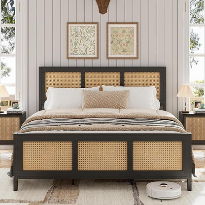 GarveeHome King Size Rattan Bed Frame with Headboard, Black Boho Cane Platform Bed Frame with Strong Metal Slat, Noise Free, No Box Spring Needed