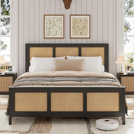 GarveeHome King Size Rattan Bed Frame with Headboard, Black Boho Cane Platform Bed Frame with Strong Metal Slat, Noise Free, No Box Spring Needed