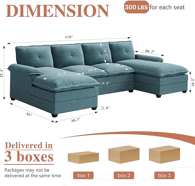 Meilocar U Shaped Sectional Sofa 110" 4 Seat Large Cloud Couch with Wide Chaise Double Cushions, Striped Blue