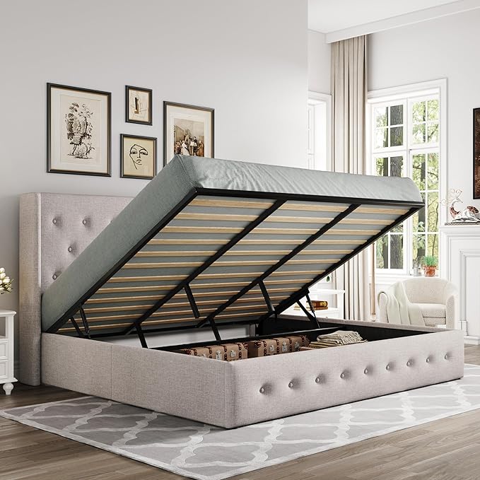 Allewie King Size Lift Up Storage Bed, Button Tufted Headboard with Wingback, Hydraulic Support, No Box Spring Needed, Light Beige