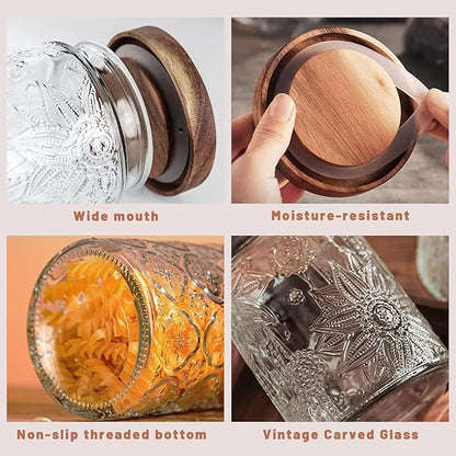 Vintage Glass Jars with Wooden Lids, 2 Pack 34 oz Airtight Glass Food Storage Containers Sets for the Kitchen, Sugar Coffee Candy Spice Cookie Tea Pasta