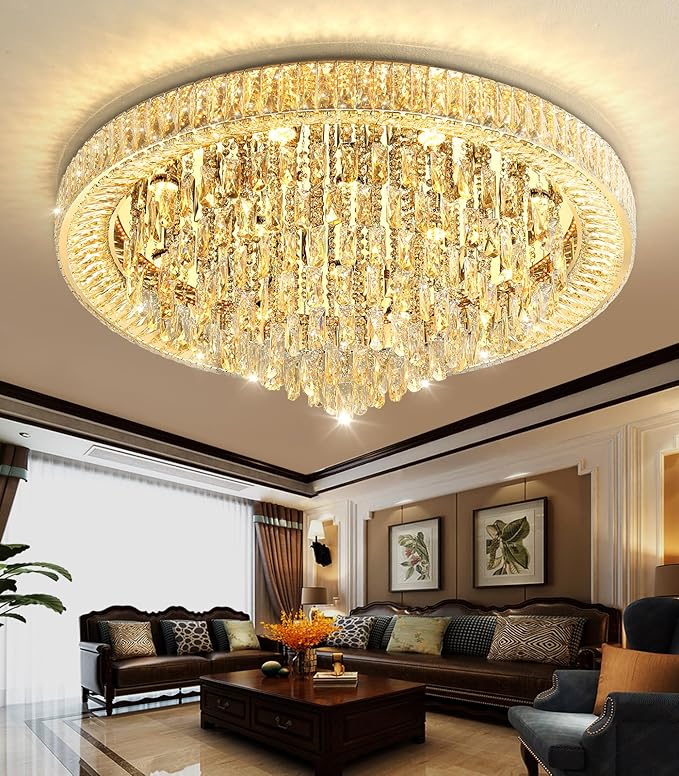 Modern Crystal Large Chandeliers LED Dimmable Flush Mount Ceiling Chandeliers for Living Room High Ceiling Entrance Foyer Bedroom