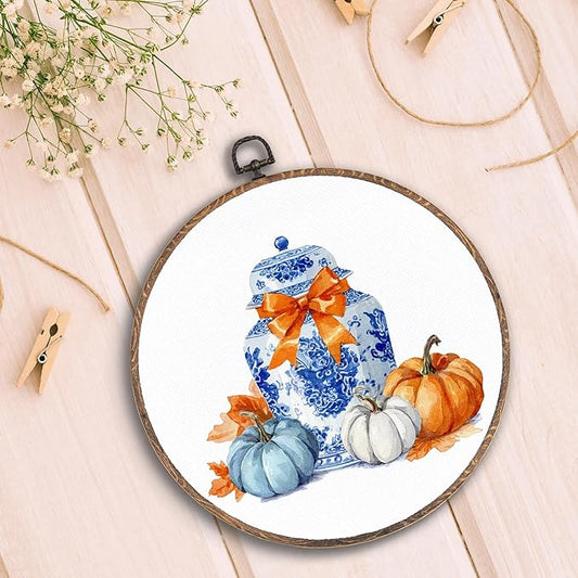 Hxlac Chinoiserie Pumpkin Fall Round Wall Art Framed, Blue and White Porcelain Pumpkin Round Wall Decor, Coquette Bow Chinoiserie Hanging Canvas Prints Wall Sculptures for Home Room Decor, 10x10 Inch
