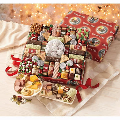The Swiss Colony 43 Season Pleasers and Petits Fours Gift Bundle - Assorted Cheeses, Chocolates, Candies, and Summer Sausage Meats, Gourmet Chocolate and Swiss Creme Mini Layer Cakes