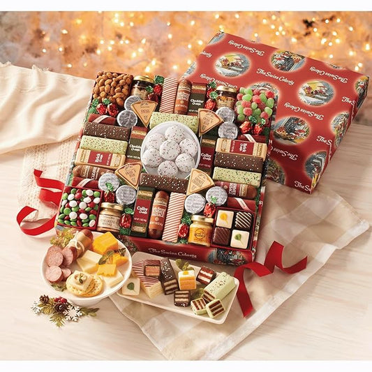 The Swiss Colony 43 Season Pleasers and Petits Fours Gift Bundle - Assorted Cheeses, Chocolates, Candies, and Summer Sausage Meats, Gourmet Chocolate and Swiss Creme Mini Layer Cakes