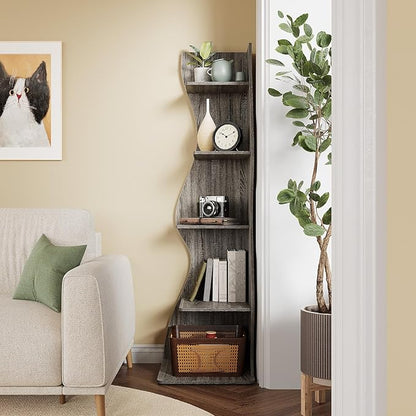 LITTLE TREE 70-Inch Corner Shelf, Seaweed Shaped Etagere Display Bookshelf, Freestanding 5-Tier Wall Shelves for Small Spaces, Living Room, Bedroom, Grey, 1 Pack