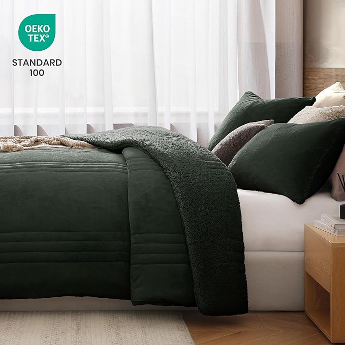 Monbix Fluffy Queen Comforter Set Deep Forest, Sherpa Plush Fuzzy Comforter 3 Piece for Queen Size Bed, Luxury Soft Winter Warm Bedding Set