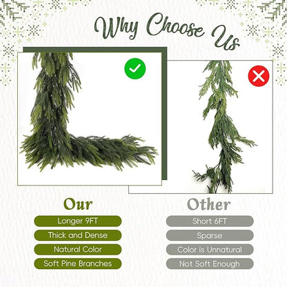 N&T NIETING 9FT Christmas Norfolk Pine Garland, Real Touch Pine Garlands Faux Greenery Garland Winter Christmas Garland for Table Mantle Holiday Indoor Outdoor Xmas Decorations (4 Pcs)
