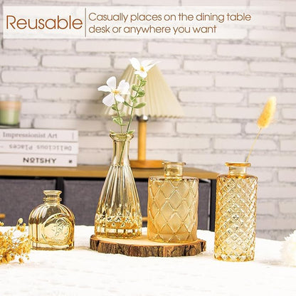 Gold Amber Glass Bud Vases Set of 12, Small Vases for Flowers, Champagne Mini Vintage Vases for Centerpieces,Bud Vase in Bulk for Wedding Decor,Single Flowers,Office and Home Table Flower Décor