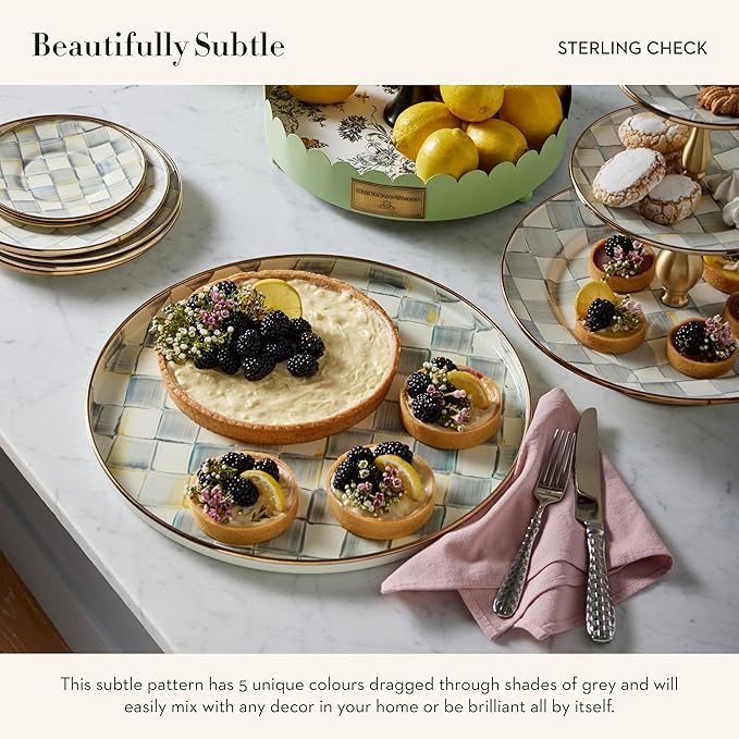 MACKENZIE-CHILDS Enamel Round Tray Unique Serving Platter for Food and Drinks, Gray-and-White Sterling Check