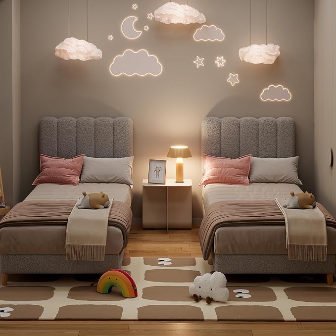 GarveeHome Twin Bed Frame, Boucle Upholstered Platform Bed with Wave Headboard for Girls/Boys/Kids, Easy Assembly, Wooden Slats Support, No Box Spring Needed, Grey