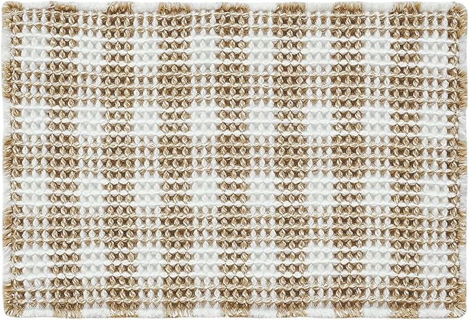 Waffle Bath Mat, Boho Bathroom Rugs Non Slip Washable Absorbent Checkered Bathroom Mat Quick Dry Farmhouse Bathroom Decor, 36"x24" Khaki and White