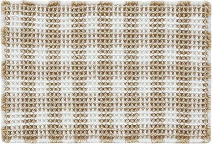 Waffle Bath Mat, Boho Bathroom Rugs Non Slip Washable Absorbent Checkered Bathroom Mat Quick Dry Farmhouse Bathroom Decor, 36"x24" Khaki and White