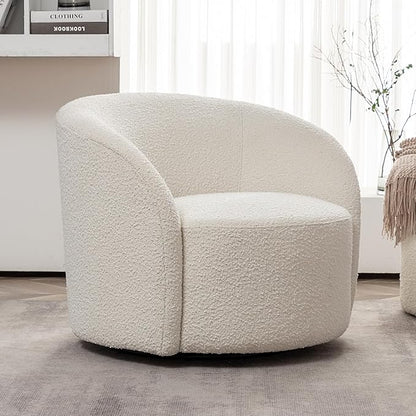 KINWELL 34" W Mid Century Modern Swivel Barrel Chair, Round Upholstered Boucle Swivel Accent Chairs, No Assembly Chair for Living Room Bedroom Reading Apartment Lounge Nursery(Cream)