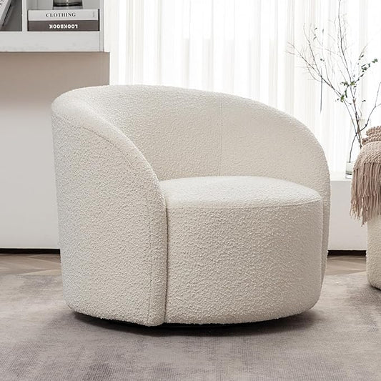 KINWELL 34" W Mid Century Modern Swivel Barrel Chair, Round Upholstered Boucle Swivel Accent Chairs, No Assembly Chair for Living Room Bedroom Reading Apartment Lounge Nursery(Cream)