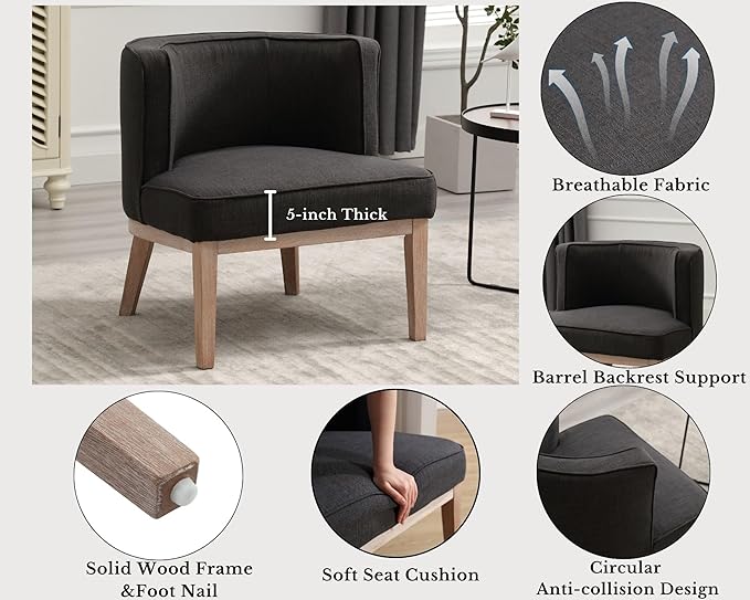 Barrel Chairs Set of 2 Mid Century Modern Accent Chair with Wooden Legs Upholstered Reading Arm Linen Fabric Waiting Room Round Side Chairs for Small Spaces Living Room Bedroom Office, Charcoal