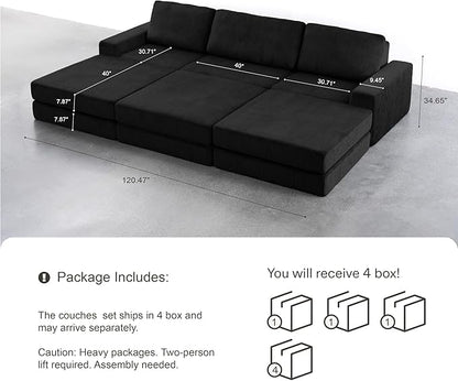 120.47‘’ Boneless Couch Cloud Modular Sectional Couches for Living Room, Oversize L-Shape Sofa with Deep Seat, Plush Corduroy 3-Seater with 3-Ottoman, No Assembly Required