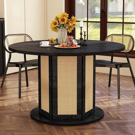 DWVO Round Dining Table for 4-6 People, 47 Inch Farmhouse Kitchen Table with Rattan Circular Base, Black
