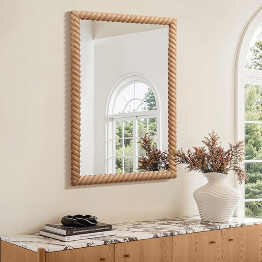 LuxenHome Rectangle Wall Mirror for Bathroom, 24"x35" Large Beech Wood Framed Wall Mounted Decorative Vanity Mirror for Living Room Bedroom Decor, Hanging Sculptures Accent for Entryway Hall Home