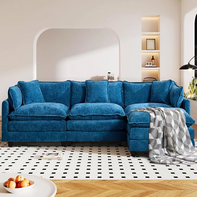 SoarFlash 107.4" Chenille Sectional Sofa, Comfy L Shaped Modular Coush Sofa with Ottoman, Modern 4 Seat Couch Deep Seat Sofa Set for Living Room,Blue