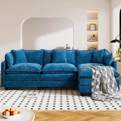 SoarFlash 107.4" Chenille Sectional Sofa, Comfy L Shaped Modular Coush Sofa with Ottoman, Modern 4 Seat Couch Deep Seat Sofa Set for Living Room,Blue