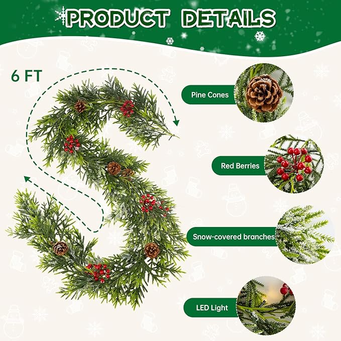 Bluesea 6FT Christmas Norfolk Pine Garland, Realistic Christmas Greenery Garland for Fireplace,Table, Stairs, Mantle, Window,Indoor Outdoor,Home,Holiday Decor（1 Pcs）