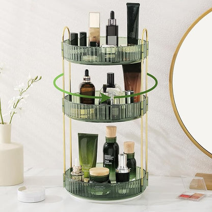 Rotating Makeup Organizer for Vanity, Perfume Skin Care Organizers Large, Bathroom Counter Make Up Cosmetic Storage, Clear Spinning Skincare Lipstick Holder,3 Tiers, Green