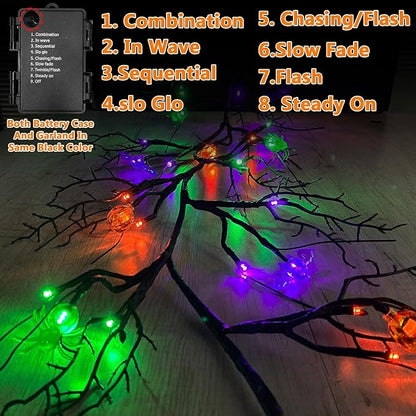 [ 8 Modes & Timer ] 6 Ft 54 LED Halloween Willow Vine Twig Decor Garland with 6 Bats & Pumpkins & Spiders Lights Waterproof Battery Operated Halloween Decorations Home Wall Fireplace Decor