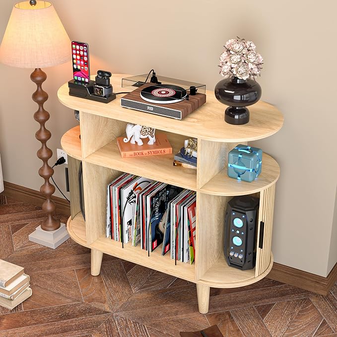 Large Round Record Player Stand with Charging Station & USB Ports，Record Storage Cabinet, Mid Century Modern Turntable Stand Console for Bedroom Living Room (Small Oak)