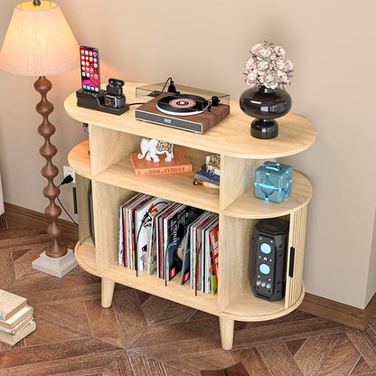 Large Round Record Player Stand with Charging Station & USB Ports，Record Storage Cabinet, Mid Century Modern Turntable Stand Console for Bedroom Living Room (Small Oak)