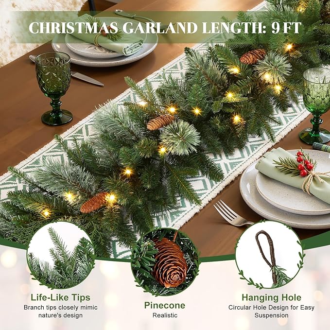 SHareconn Paquete de 2 guirnaldas de Navidad preiluminadas de 9 pies, Christmas cedro rústico natural con decoración de conos de pino y luces LED multicolores, temporizador a pilas para chimenea, decoración de