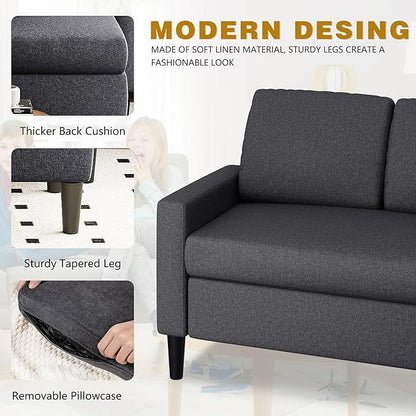 Shintenchi Convertible Sectional Sofa 3 Seat L Shaped Sofa with Movable Ottoman Linen, Black