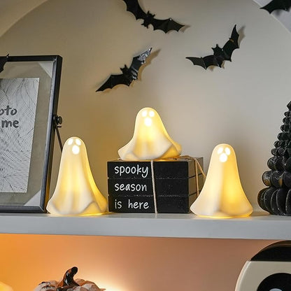 Ghost Decor, 3Pcs Light Up Ghosts for Indoor Halloween Decorations, Battery Powered White Mini Ghost Figurines with LED for Spooky Halloween, Home Tabletop Shelf Centerpieces