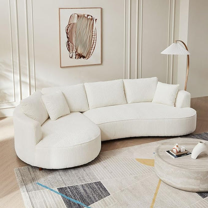 WILLIAMSPACE 122" Modern Curved Sofa Couch, Upholstery Oversized Cloud Sofa with Chaise & Pillows, Left Hand Facing Sectional Couch for Living Room (Left-Facing,White Corduroy)