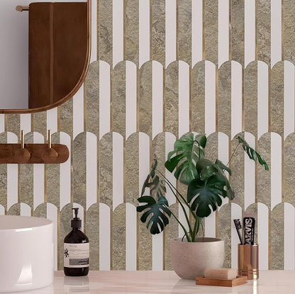 Vamos Tile Peel and Stick Backsplash Seamless Tile,10 Sheets Stick on Backsplash for Kitchen & Bathroom,Coffee Brown+Matt Pure White Marble Look+Brown Gold Metal Self Adhesive Backsplash Tile