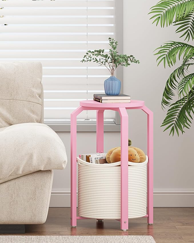 TUTOTAK Small Side Table, Round End Table, Night Stand, Bedside Table, Set of 2, Sofa Table with Storage Basket, Living Room, Bed Room, Pink TB01BP0922