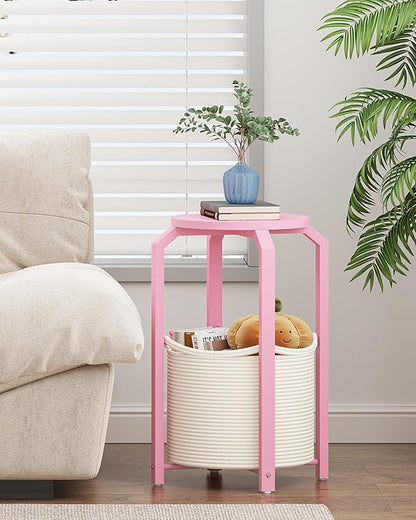 TUTOTAK Small Side Table, Round End Table, Night Stand, Bedside Table, Set of 2, Sofa Table with Storage Basket, Living Room, Bed Room, Pink TB01BP0922