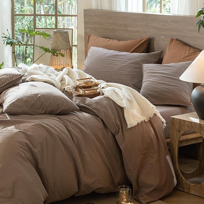 MooMee Wavy Striped Duvet Cover Set 100% Washed Cotton Linen Like Textured Breathable Durable Soft Comfy (Brown, Full 80"x90")