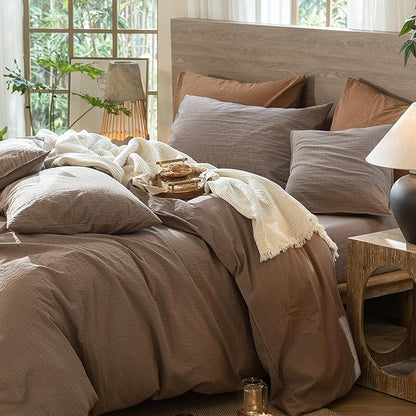 MooMee Wavy Striped Duvet Cover Set 100% Washed Cotton Linen Like Textured Breathable Durable Soft Comfy (Brown, Super King 108"x98")