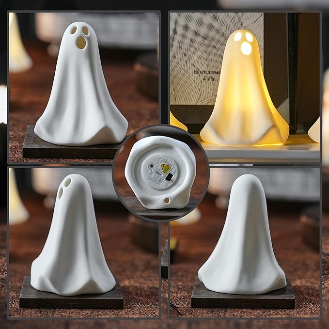 Ghost Decor, 3Pcs Light Up Ghosts for Indoor Halloween Decorations, Battery Powered White Mini Ghost Figurines with LED for Spooky Halloween, Home Tabletop Shelf Centerpieces