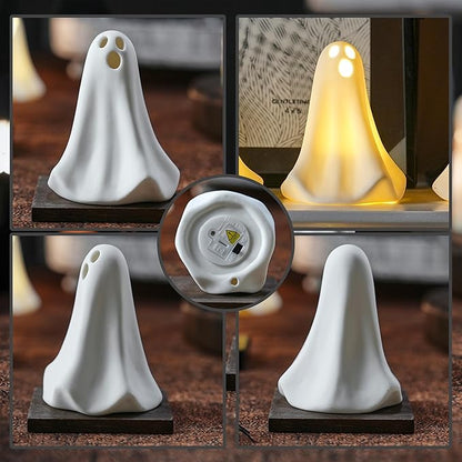 Ghost Decor, 3Pcs Light Up Ghosts for Indoor Halloween Decorations, Battery Powered White Mini Ghost Figurines with LED for Spooky Halloween, Home Tabletop Shelf Centerpieces